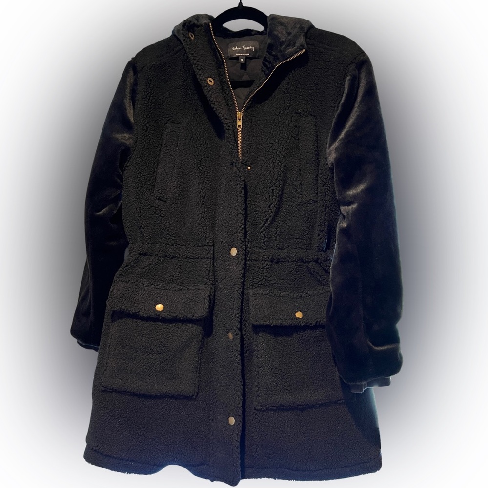 Eden Society Black Sherpa Fleece Drawstring Quilted Hooded Jacket Size Small